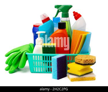 Premium Photo  Cleaning items in basket isolated on white background