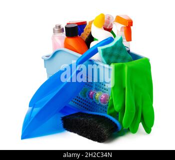 Cleaning items in basket isolated on white background Stock Photo