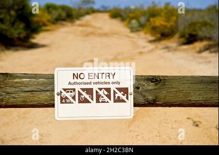 prohibition sign at a dust road in the Kalbarri National Park, Australia, Western Australia Stock Photo