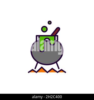 Halloween witch brew pot magical cauldron. Pixel perfect, editable stroke colorful line art icon Stock Vector