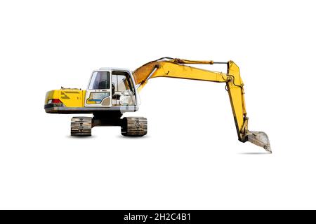 Yellow color excavator for the construction industry isolated on white background. Stock Photo