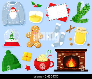 Set of hygge winter holiday essentials including Christmas elements. Vector illustration flat. Stock Vector