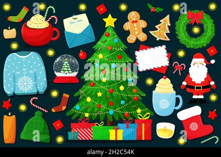 Set of Christmas traditional elements including Santa, gifts and wreath. Vector illustration flat. Stock Vector