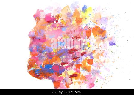 A portrait of a man combined with an abstract watercolor painting in a paintography technique. Dissolving into art Stock Photo