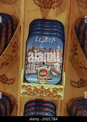 Lots of fish cans inside the Comur 1942 shop in Lisbon in Portugal Stock Photo