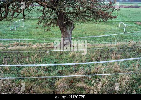 Rural  soccer ground, Wesertal, Gewissenruh, Weser Uplands, Weserbergland, Hesse, Germany Stock Photo