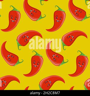 Seamless pattern, character smiling red chili pepper jalapeno, vector illustration for textiles, wallpaper and wrapping paper Stock Vector