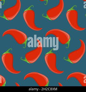 Seamless pattern, red chili peppers on a dark blue background, vector illustration for textiles, wallpaper and wrapping paper Stock Vector