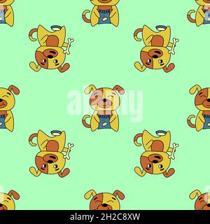 Seamless pattern, cute dog childish character, vector illustration green background Stock Vector