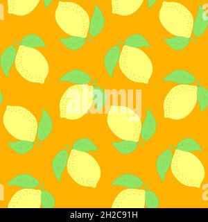 Seamless pattern, yellow lemon with green leaf, vector illustration for textiles, wallpaper and wrapping paper Stock Vector