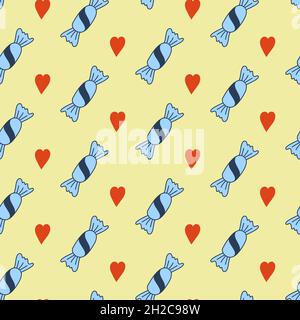 Seamless pattern, lollipop candy in a wrapper with a heart, vector illustration for textiles, wallpaper and wrapping paper Stock Vector