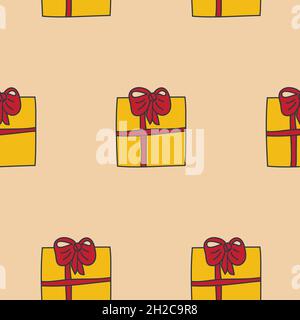 Yellow box with a gift tied with a red ribbon, seamless pattern vector hand drawing illustration Stock Vector