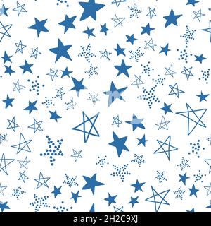 Seamless pattern, chaotically scattered stars, blue white design vector illustration with star element Stock Vector