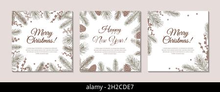 Set of hand drawn Merry Christmas and Happy New Year greeting cards with Christmas tree branches and holly berries. Vintage vector illustration Stock Vector