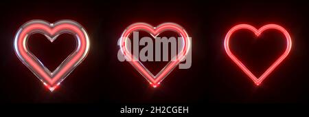 Three neon glowing red hearts signs 3D rendering illustration isolated on black background Stock Photo