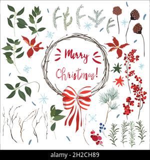 Christmas design elements with a wreath of twigs and a bow, red berries, dried lotus. Branches of spruce, yew, pine, rosemary, laurel with leaves, sno Stock Vector