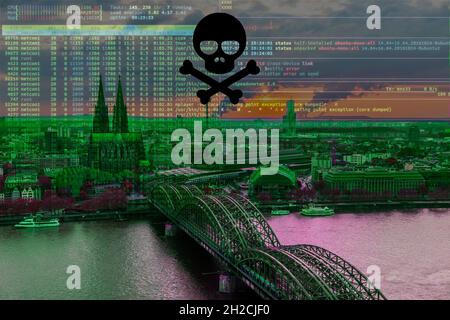 Symbolic image cyber attack, computer crime, cybercrime, computer hackers attack the IT infrastructure of a city, Cologne, Germany Stock Photo