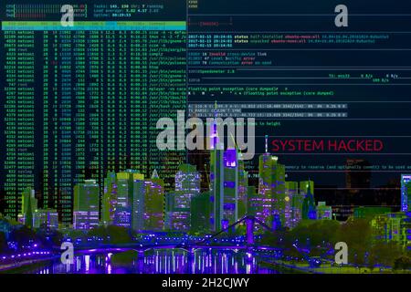 Symbolic image Cybe attack, computer crime, cybercrime, computer hackers attack the IT infrastructure of a city, Frankfurt am Main, Germany Stock Photo