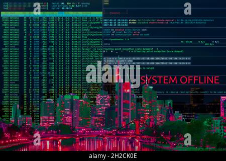 Symbolic image Cybe attack, computer crime, cybercrime, computer hackers attack the IT infrastructure of a city, Frankfurt am Main, Germany Stock Photo