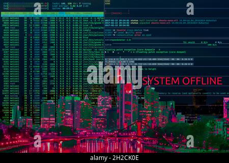 Symbolic image Cybe attack, computer crime, cybercrime, computer hackers attack the IT infrastructure of a city, Frankfurt am Main, Germany Stock Photo