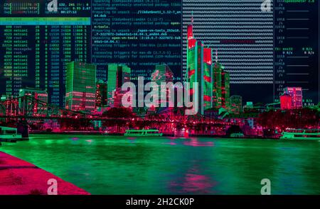 Symbolic image Cybe attack, computer crime, cybercrime, computer hackers attack the IT infrastructure of a city, Frankfurt am Main, Germany Stock Photo