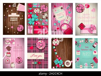 Big set of vector cards for valentine s day. Romantic picture in pink, turquoise and red. Postcard for congratulations, declarations of love. Cartoon Stock Vector