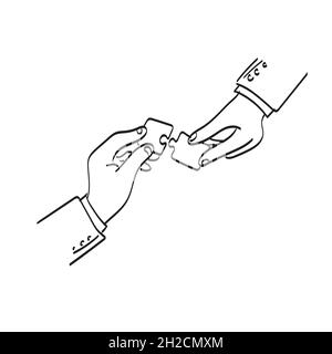 line art hands of businessman holding jigsaw puzzle together illustration vector isolated on white background Stock Vector