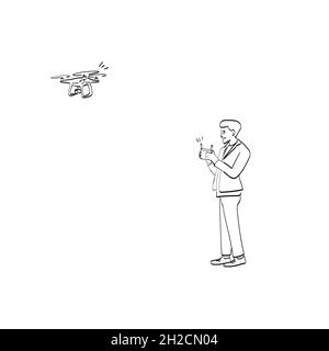 line art man using drone illustration vector isolated on white background Stock Vector