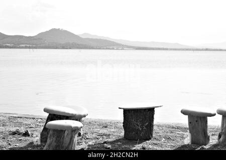 Mushroom-shaped seats made from wood logs along the shore of Lake Trasimeno (Umbria, Italy, Europe) Stock Photo