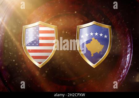 us and kosovo flag in golden shield on copper texture background.3d illustration. Stock Photo
