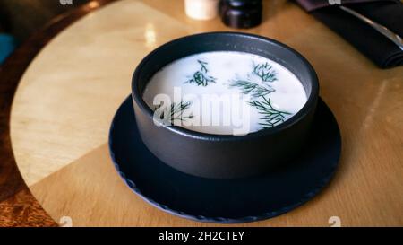 Finnish fish soup with cream served in Cannelle bar and restaurant, St Petersburg, Russia Stock Photo