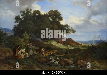 Painting 'Landscape with Rainbow' ('Bohemian Pastoral') by German Romantic landscape painter Ludwig Richter (1841). Stock Photo