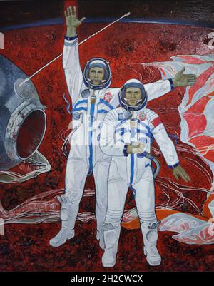 Czechoslovak cosmonaut Vladimír Remek (L) and Soviet cosmonaut Alexei Gubarev (R) depicted in the detail of the painting by Soviet cosmonaut Alexei Leonov (1981) on display in the National Museum (Národní muzeum) in Prague, Czech Republic. Vladimír Remek and Alexei Gubarev were the crew members of the 1978 Soviet crewed mission 'Soyuz 28'. The cosmonauts are depicted shortly after the landing in the Kazakh Steppe near the town of Arkalyk in Kazakhstan on 10 March 1978. The painting is on view at the new permanent exhibition of the National Museum devoted to the History of the 20th century. Stock Photo