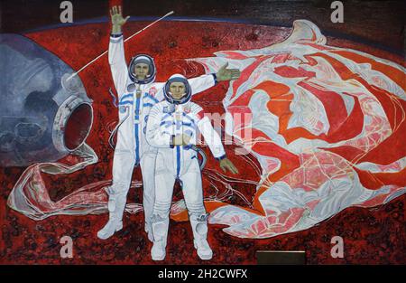 Czechoslovak cosmonaut Vladimír Remek (L) and Soviet cosmonaut Alexei Gubarev (R) depicted in the painting by Soviet cosmonaut Alexei Leonov (1981) on display in the National Museum (Národní muzeum) in Prague, Czech Republic. Vladimír Remek and Alexei Gubarev were the crew members of the 1978 Soviet crewed mission 'Soyuz 28'. The cosmonauts are depicted shortly after the landing in the Kazakh Steppe near the town of Arkalyk in Kazakhstan on 10 March 1978. The painting is on view at the new permanent exhibition of the National Museum devoted to the History of the 20th century. Stock Photo