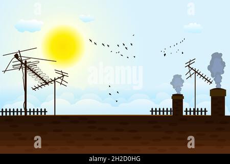 House roof with antennas on sunny sky background. Roof of the building with tv antennas, chimneys, sky with birds silhouettes. Blue sky with clouds an Stock Vector