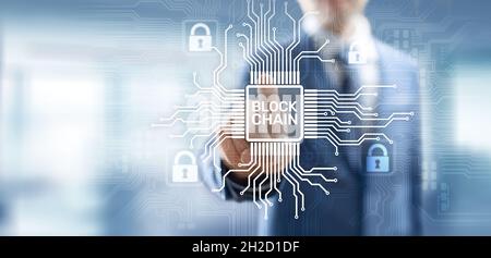 Blockchain technology concept on virtual screen. Cryptography and cryptocurrency. Stock Photo