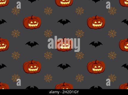 Bright seamless pattern with pumpkins, bats and spiders web. Festive autumn decoration for Halloween. Holiday October background for paper print, textile and design Stock Vector