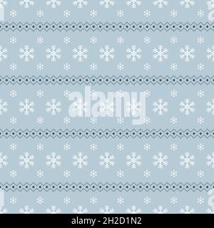 Seamless pattern with white snowflakes on blue background. Festive winter traditional decoration for New Year, Christmas, holidays and design. Ornament of simple line Stock Vector