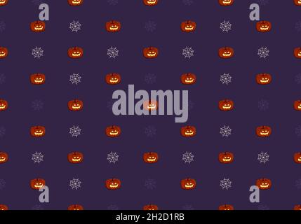 Dark seamless pattern with pumpkins, face and smile and spider web. Halloween party decoration. Vegetable print with a smirk. Festive background for paper, textile, holiday and design Stock Vector