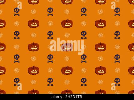 Bright seamless pattern with pumpkins, skulls and spiders web. Festive autumn decoration for Halloween. Holiday October background for paper print, textile and design Stock Vector