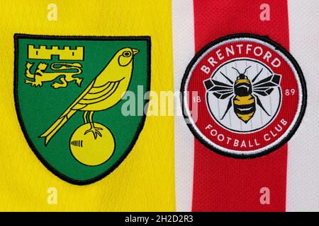 Close up of Norwich and Brentford club crest. Stock Photo