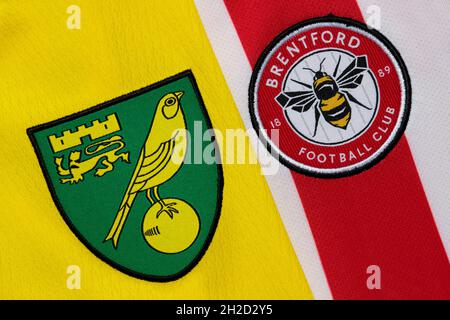 Close up of Norwich and Brentford club crest. Stock Photo