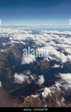 View of mountains and clouds, aerial survey. Caucasus, Krasnodar Territory, Russia