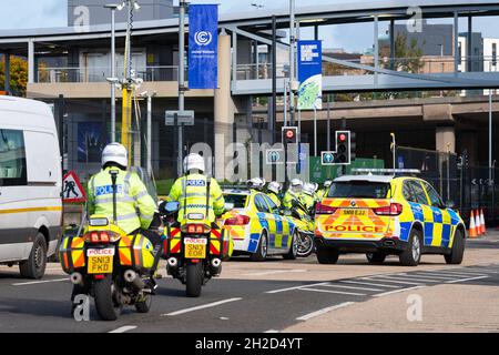 Glasgow, Scotland, UK. 21st Oct, 2021. COP26 - Police practising vehicle escort manoeuvers at the Scottish Event Campus ahead of the UN Climate Change Conference Credit: Kay Roxby/Alamy Live News Stock Photo
