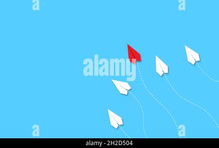 leadership or different concept with red and white paper airplane path and route line on blue background Stock Photo