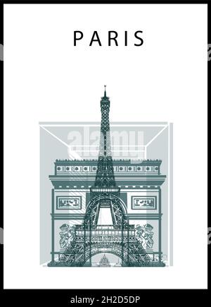 Paris poster with Eiffel tower, arc de triomphe; Grande arche and sacre coeur basilic  - vector illustration Stock Vector