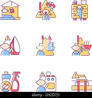 Kids injuries danger RGB color icons set Stock Vector