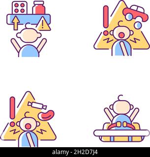 Poisoning and suffocation prevention RGB color icons set Stock Vector