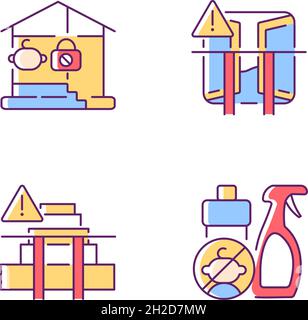 Safety precaution at home RGB color icons set Stock Vector