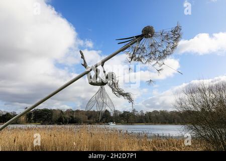 A wire sculpture of a fairy and a dandelion clock at Trentham Gardens, Stoke-on-Trent, Staffordshire, England, UK Stock Photo